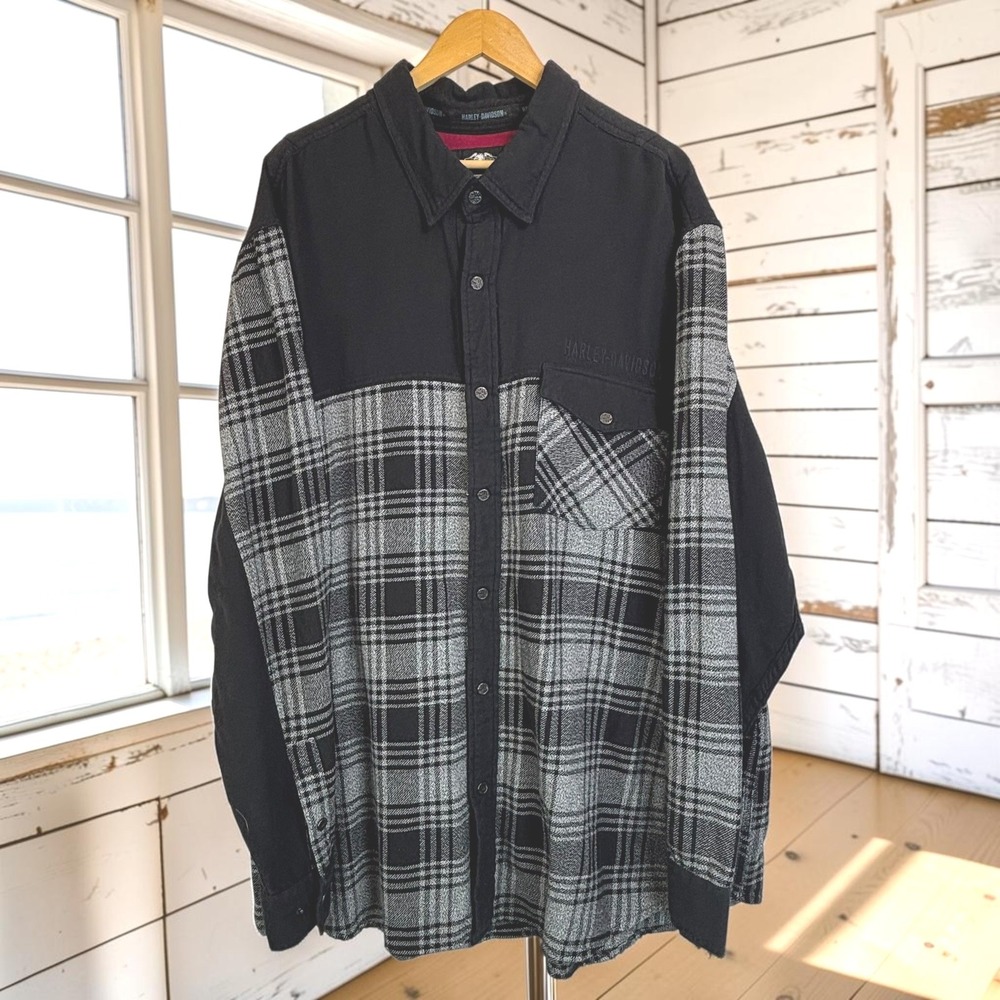 Plaid Button Down Shirt Harley-Davidson 3XL Black Grey 100% Cotton Colorblock